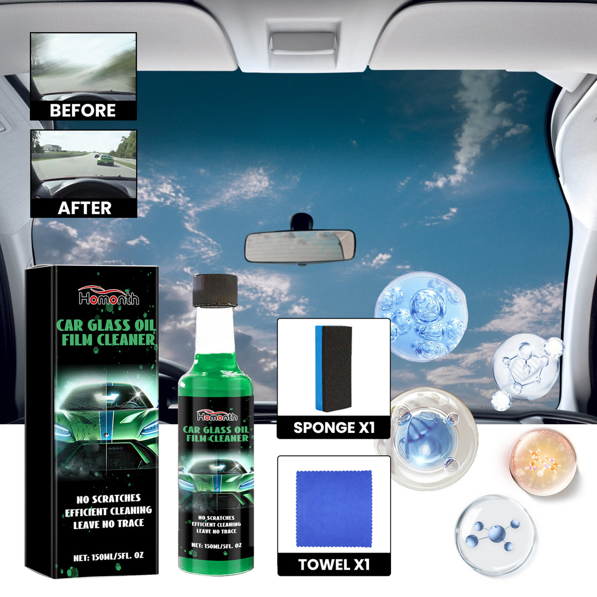Automotive Glass Oil Film Cleaning Liquid, Automotive Windshield Decontamination Cleaning Multi-Purpose Cleaner